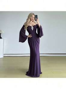 Greek Style Horn Sleeve Evening Dress Tube Top Slim Fit Fashion Party Dating Thin Temperament Hip-Wrapped Floor Long Dress Women - Màu tím - Xem 2