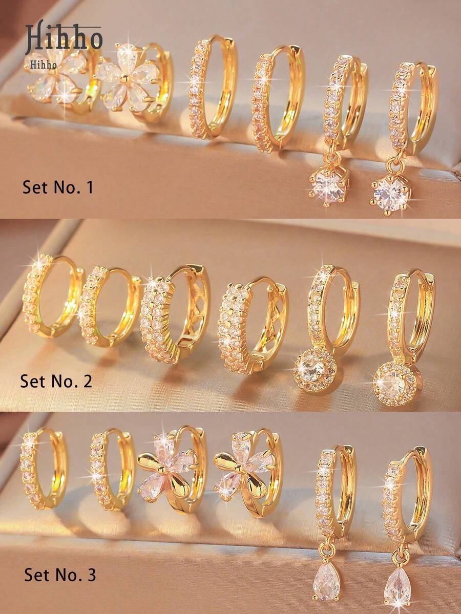 Hihho 6pcs Set Elegant Zirconia Stud Earrings, Classic Retro Design Luxury Minimalist Earring Set, Suitable For Daily Stacking Or Single Wear, Best Gift For Friends - Gold - View 1