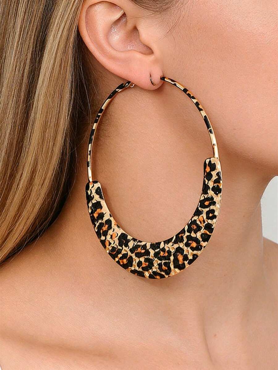 1 par de pendientes de aro colgantes redondos de metal con estampado de leopardo al estilo europeo y americano, adecuados para uso diario, citas, fiestas, con patrón de estampado de leopardo aleatorio - Multicolor - Ver 1
