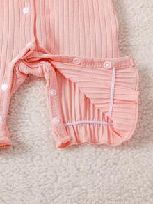 Newborn Baby Girl Knitted Pink Ribbed Cute Ruffle Collar Lace Patchwork Double Bow Snap Button Long Sleeve Jumpsuit With Headband (Suitable For 1st Birthday Gift And Daily Wear) - Pink - View 8