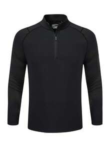 Camiseta deportiva informal de manga raglán para hombre con media cremallera elástica, adecuada para uso diario o para el gimnasio. - Negro - Ver 2
