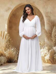 JustVH 孕妇薄纱雪纺灯笼袖V领连衣裙，侧开衩，适合婴儿摄影和迎婴派对等场合，春季白色 - 白色 - 查看 3
