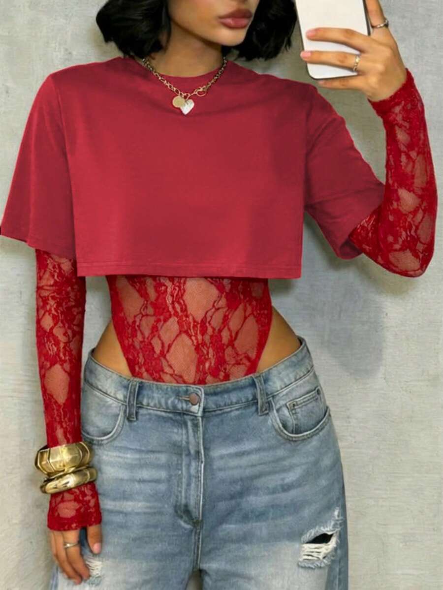 Women's Sexy Lace Patchwork T-Shirt, 2 In 1 Top, Solid Color Bodysuit, Suitable For Daily Wear, Dating, Singles Party, Stage Performance And Concerts, Spring/Summer Elegant