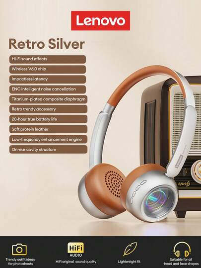  Lenovo LS101 Retro Fashionable Bluetooth Headphones With Colorful Lighting Effects, Surround Sound, ENC Noise Cancellation, Long Battery Life, Suitable For Smartphones And Computers
