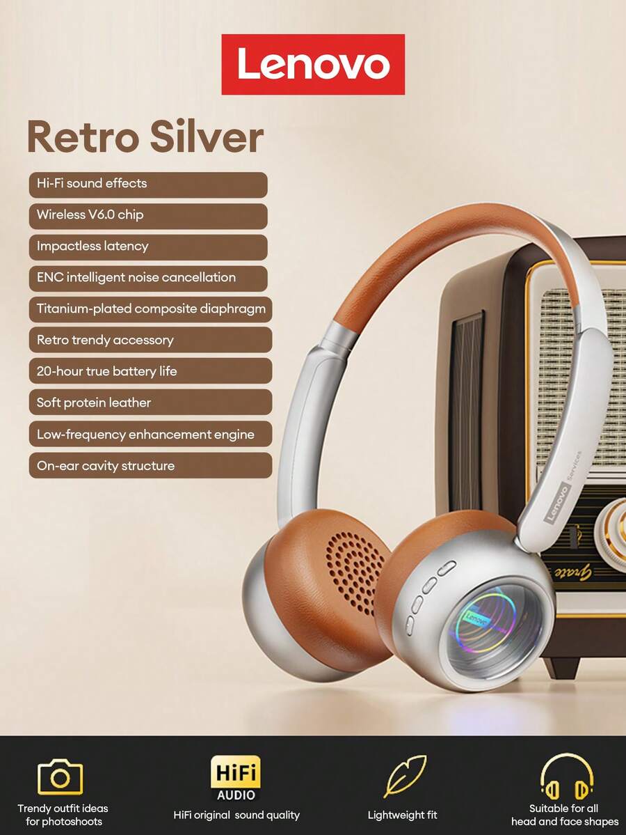 Lenovo LS101 Retro Fashionable Bluetooth Headphones With Colorful Lighting Effects, Surround Sound, ENC Noise Cancellation, Long Battery Life, Suitable For Smartphones And Computers - Brown - View 1