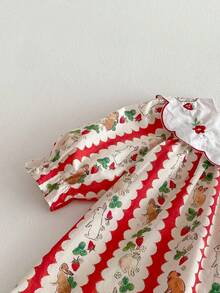 1pc Girls Spring/Summer Long Sleeve Embroidered Collar Casual Cute Rabbit & Strawberry Cartoon Print Dress, Suitable For Young Girl & Baby Girls - Red - View 6