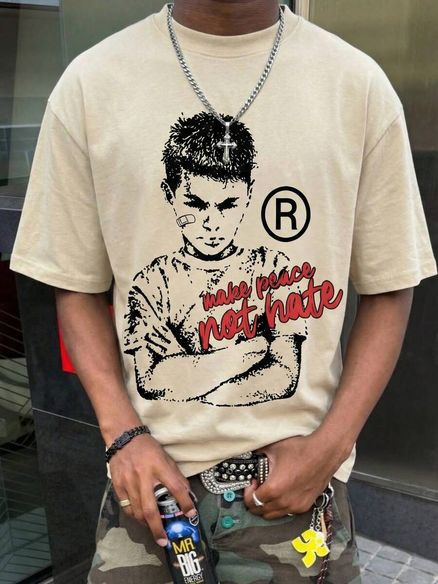 Men's "Peace Not Hate" Slogan & Boy Graphic T-Shirt, Summer Street Fashion Template Art Retro Graffiti Style Beige Tee - Apricot - View 1