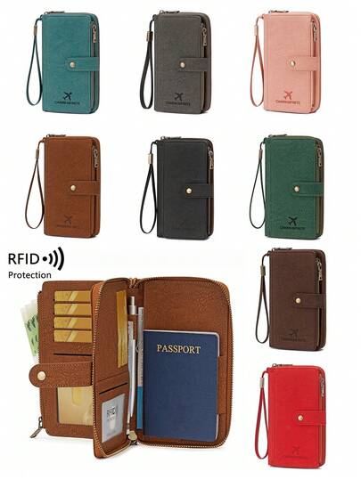 New RFID Blocking Long Passport Wallet, Dual Zipper Large Capacity Travel Document Organizer