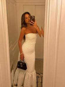 Women's Long Dress Stylish And Elegant Polka Dot Print Bandeau Slim Pleated Patchwork Hip Wrapping Sexy Summer Vacation Fresh Style Dress - 白色 - 查看 5