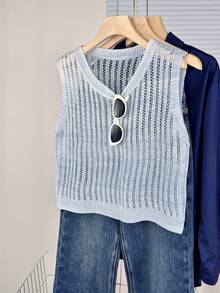 V-Neck Hollow Out Knit Vest For Women, Loose Vertical Striped Sleeveless Cardigan For Summer - Blue-gray - View 4