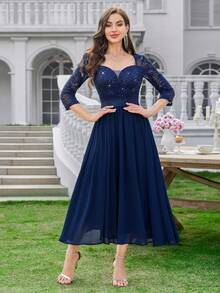 MIUSOL 亮片花卉蕾丝心形领口七分袖褶裥下摆优雅派对礼服，适合女士婚礼宾客、正式派对、毕业舞会、春季盛会等场合。 - 藏蓝色 - 查看 5