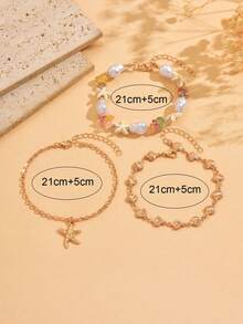 3pcs/Set Boho Style Gold Shell Handmade Chain, Fashion Faux Pearl Colorful Stone Starfish Pendant Anklet Jewelry, Suitable For Beach, Holiday, Daily Outfit, Adjustable Shell Chain Length, Random Shell Quantity And Colorful Stone Shape/Size/Color - Gold - View 4