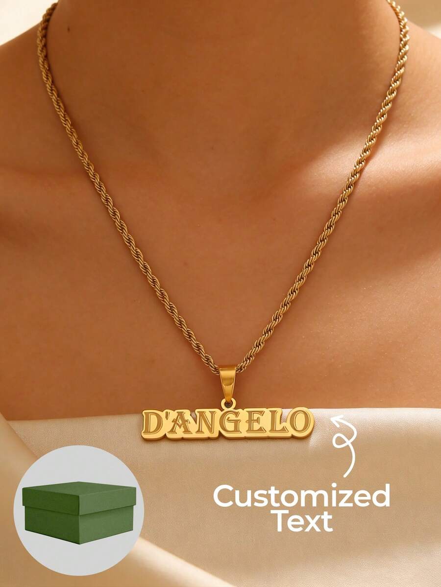 1pc Personalized Customized Necklace, Large Nameplate Pendant, Thick Necklace, Unisex Necklace, Unisex, Daily Style, Stainless Steel Customization, 18k Gold Jewelry, Including Gift Box, As Daily, Ramadan Gift, Valentine's Day Gift, Mother's Day, Father's Day Gift. - Multicolor - View 1