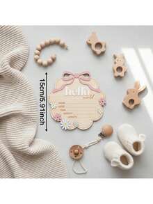 1pc "Hello World" Wooden Sign With Pink Bow, Cloud Shaped Floral Date Time Weight Length Board, Suitable For Room Photography Props - 1PC - View 2
