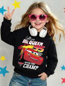 Disney Cars Lightning McQueen 95 Seven-Time Champ Comfortable Print Young Girls' Long Sleeve Sweatshirt, Suitable For Autumn/Winter, Lightweight And Cozy, Great For Layering In Fall, Fashionable Casual Wear, Graphic Design, Back To School Season, Autumn, Back To School Party, Suitable For Outdoor Picnic, Street Photography, Home, Campus, Holidays, New Year Gift - 黑色 - 查看 2