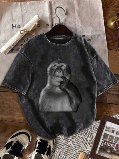 Plus Size Women's Summer Hoozi Printed Casual Simple Everyday Loose Washed Cotton Short Sleeve Crew Neck T-Shirt