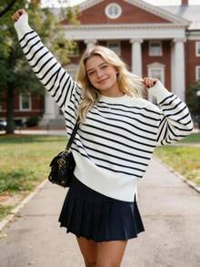 Black & White Striped Knit Cropped Sweater, Women's Casual School Style Long Sleeve Top - Black and White - View 4
