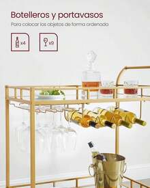 VASAGLE Carro de Bebidas, Carrito de Bar, 38 x 86 x 90 cm, Carro de Servicio con 2 Estantes, para Comedor, Bar, Cocina, Dorado MLRC090A03 - Aire - Ver 7
