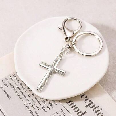 Elegant 1pc Women's Personalized Alloy & Rhinestone Decor Cross Keychain Pendant, With Simple Design And Plating Finish, As Fashionable Bag Accessory Or Key Chain, Great Gift For Mothers Car Accessories Bag Charm School Cute Goth Y2k