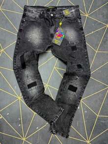 Men's Skinny Destroyed Streetwear Jeans, Player Style - 灰色 - 查看 1