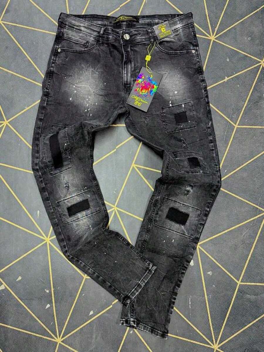 Men's Skinny Destroyed Streetwear Jeans, Player Style - 灰色 - 查看 1