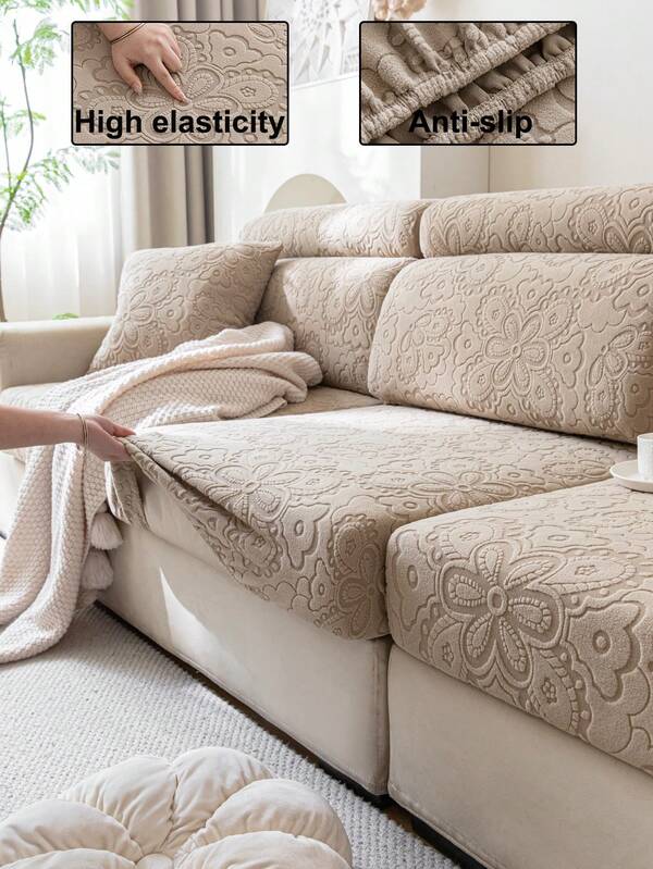 1pc Elastic Solid Color Sofa Cover, Splash-Proof & Stereo Simulated Cashmere Style Sofa Slipcover, Protects Against Slip, Water And Cat Claw, All-Season Home Decor