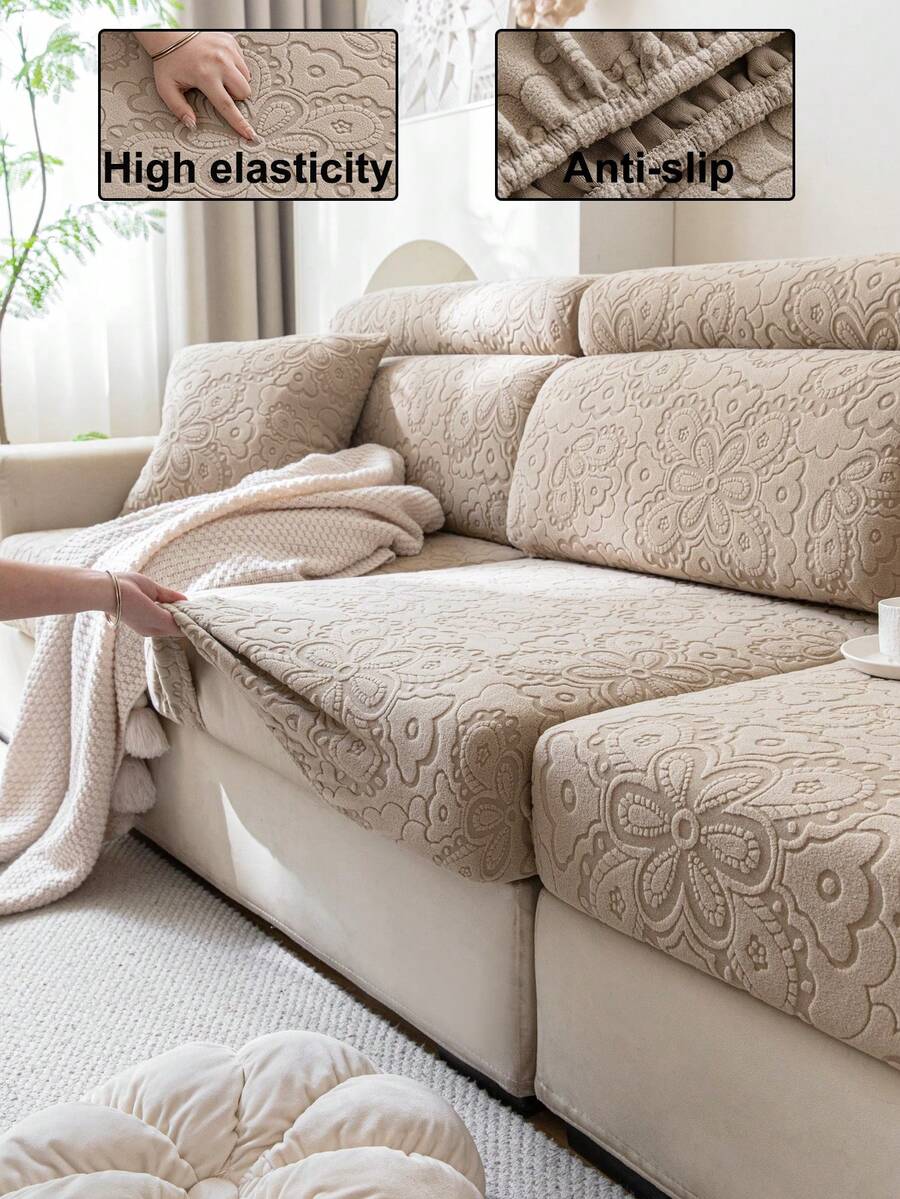 1 Vỏ bọc ghế sofa màu trơn đàn hồi, Vỏ bọc ghế sofa phong cách cashmere mô phỏng chống nước & âm thanh nổi, bảo vệ chống trượt, móng vuốt nước và mèo, trang trí nhà tất cả các mùa - Màu Khaki - Xem 1