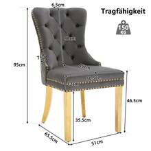 Dining Chair With A Unique Striking Unit At The Back, 2 Stations With Studded Head Trim, Gold Stainless Steel Support Legs, Velvet Fabric - Grey - View 10