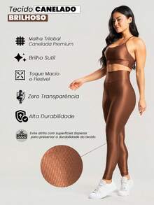 3-Piece Women's Fitness Set – 3 Tops And 3 Shiny Ribbed Leggings With High Waistband - Black + Brown + Green - View 10