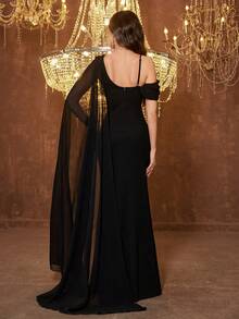 SUPGIR Women's Round Neck Flowy Sleeve Sequin Embroidery Fitted Chiffon Evening Dress - Black - View 2