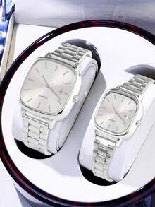 Couple's Watch Set, With Calendar Function And Adjustable Straps, Stylish And Casual Quartz Watches. Unisex, Suitable For Daily Wear, Perfectly Matching Daily Outfits. An Ideal Gift. (Gift Box Not Included) - 銀色 - 查看 8