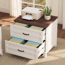 Armario de archivos laterales de madera de granja con 2 cajones y escritorio abierto, armario de archivos grande para archivo legal / carta / A4 de tamaño w / varilla colgante, marco robusto, para oficina en el hogar - Blanco parduzco - Ver 1