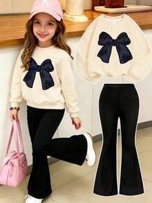 2pcs/Set Girls Bow Print Crew Neck Sweatshirt And Pants, New Fashionable Casual Travel Outfit - Apricot - View 1