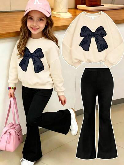 2pcs/Set Girls Bow Print Crew Neck Sweatshirt And Pants, New Fashionable Casual Travel Outfit