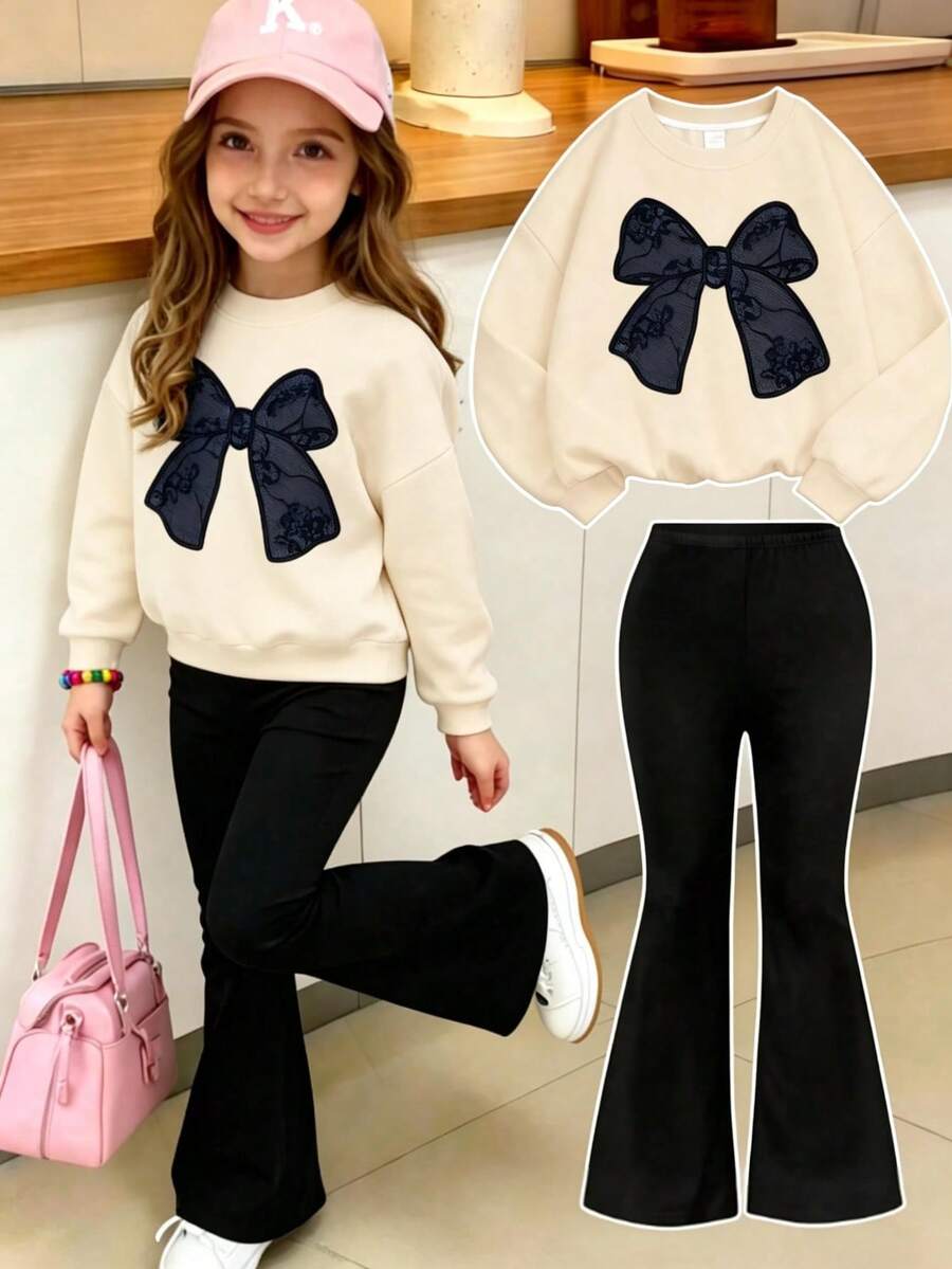 2pcs/Set Girls Bow Print Crew Neck Sweatshirt And Pants, New Fashionable Casual Travel Outfit - Apricot - View 1