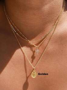 1 pieza Collar de cadena minimalista de acero inoxidable con colgante ovalado, collar con colgante de moneda y cruz, collar apilable para mujeres - Dorado - Ver 2