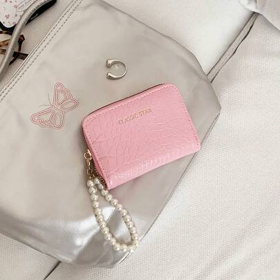 Accordion Card Holder With Pearl Pendant, Crocodile Embossed Printed Women's Wallet Card Case, Large Capacity, Korean Minimalist Style, In Stock