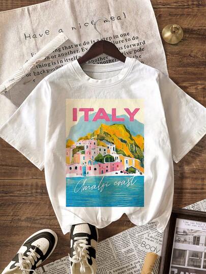 AMALFI COAST ITALY Summer Beach Outfits Pattern Women's Casual Round Neck Short Sleeve T-Shirt White
