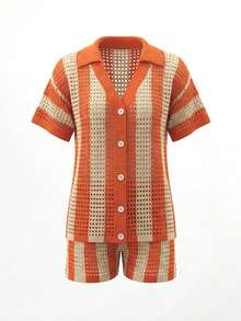 女士夏季度假休闲条纹镂空针织上衣和短裤套装 - 橘色 - 查看 3