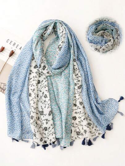 1件装女士时尚碎花印花蓝色轻薄流苏围巾/头巾，适合约会、日常、派对、旅行、海滩装扮