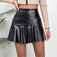Women's High Waist Black PU Leather Mini Skirt Asymmetrical Ruffle Hem Bodycon Skirt High Stretchy PU Leather Skort Built-In Liner Spring Summer Music Festival Party Outfits - Black - View 1