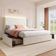 Queen Upholstered Led Marco de Cama con 4 cajones de Almacenamiento para Cama de Gran Formato con luz LED RGB, Marco de Cama de Plataforma de Terciopelo con Cabecera Wingback, Sin Ruido - Tipo de Enchufe B USA (110-127V) - Ver 7