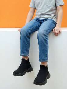 Kids' Full Black High-Top Knitted Sneakers, Slip-On Casual Sports Shoes, Lightweight - Black - View 2