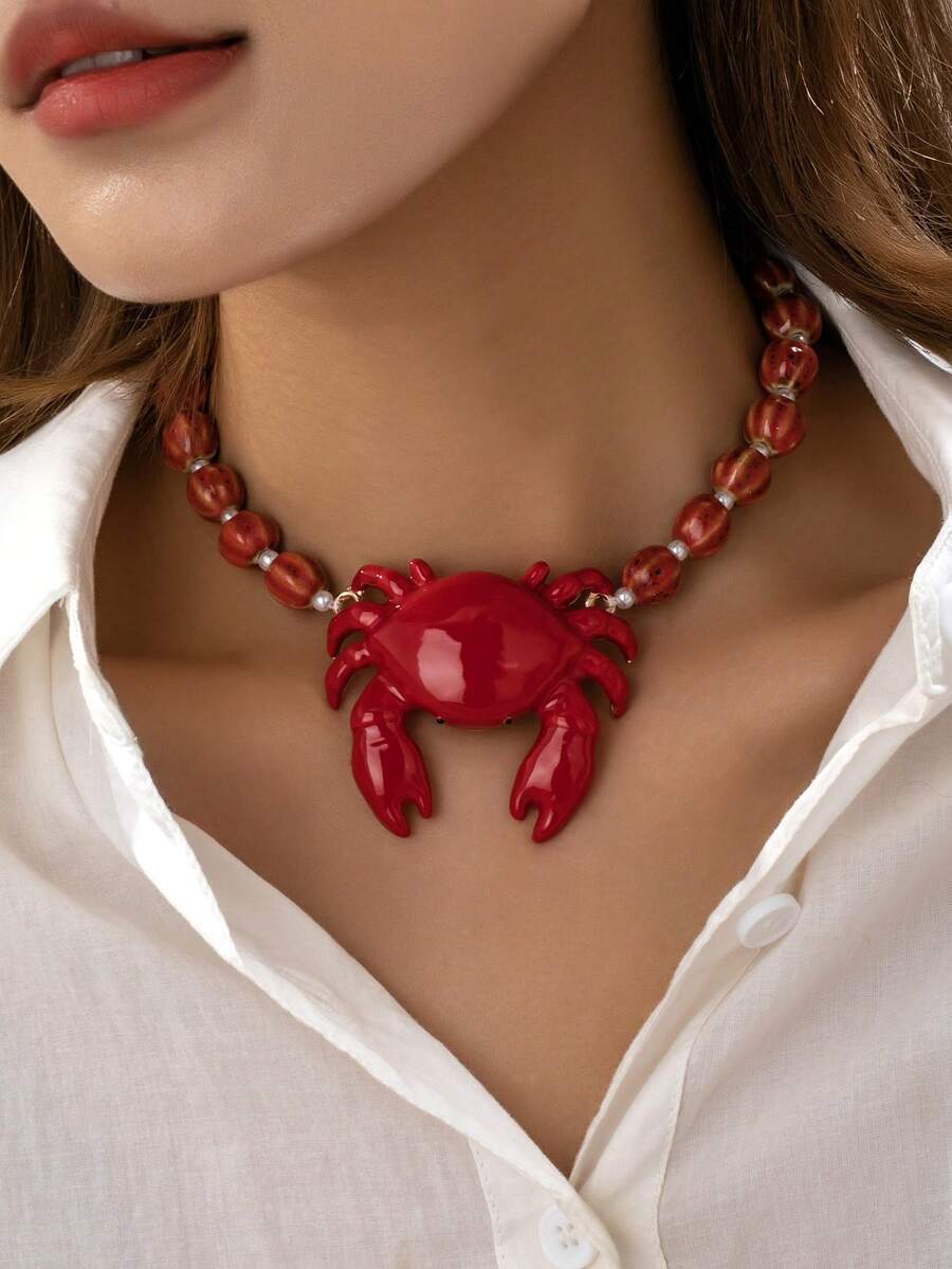 1 Mặt dây chuyền hình cua đính hạt phong cách Bohemia Boho cho nữ, trang sức hình cua biển phong cách bãi biển để đeo hàng ngày, đi nghỉ mát. - Đỏ - Xem 1