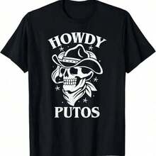 Western Cowboy Skull Gift - Hola Putos Spanish Slang T-Shirt - Black - View 1