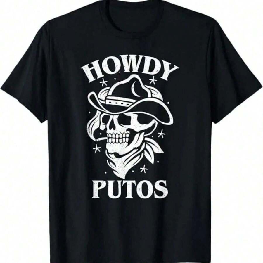 Western Cowboy Skull Gift - Hola Putos Spanish Slang T-Shirt - Black - View 1