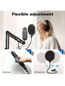 Filtre anti-vent professionnel pour microphone - Filtre de réduction du bruit à double couche, convient pour le karaoké, la diffusion en direct et l'enregistrement de podcast, avec interface XLR - Noir - Voir 4