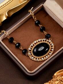 1pc Fashionable Vintage Elegant Luxury Faux Pearl Oval Floral Print Rhinestone Embellished Exaggerated Bracelet - Black - View 1