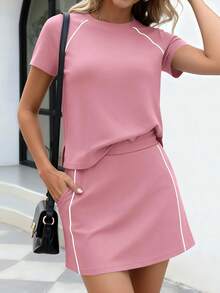 Women's Summer 2 Piece Skirt Sets Short Sleeve Shirts Tops Skorts Matching Workout Clothes Travel Outfits - 粉色 - 查看 1