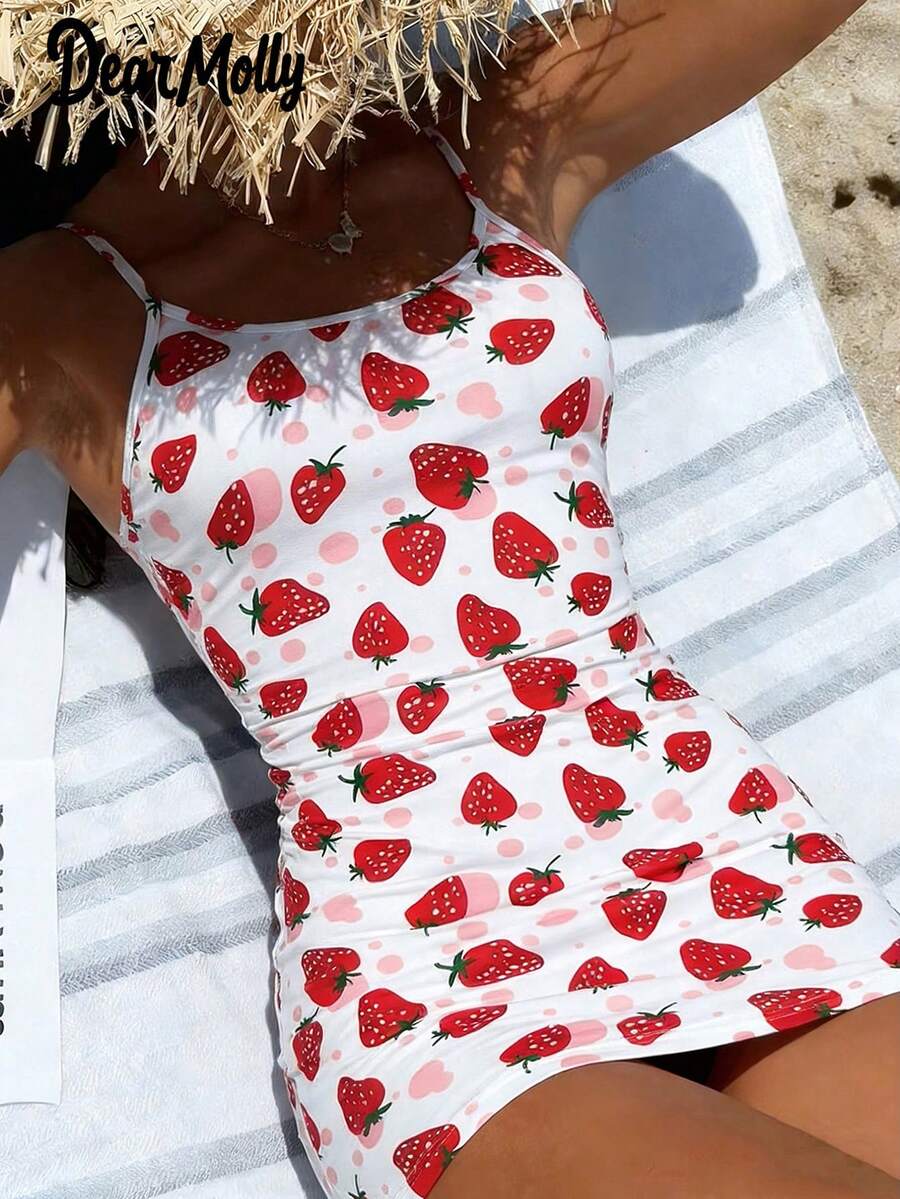 Đầm mini ôm sát in hình dâu tây DEAR MOLLY, đầm dâu tây năng động mùa hè, đầm đường phố ngọt ngào và gợi cảm, màu trắng thanh lịch cho kỳ nghỉ. - trắng - Xem 1
